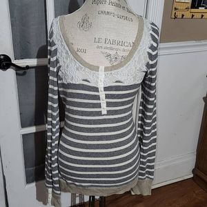Free People Womens Gray Striped Lace Henley Sweater Large